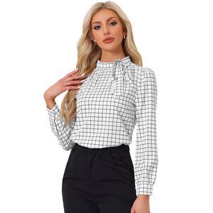 Bow-Tie Neck Blouse Checks Shirt Tops White Black
